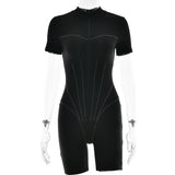 Short Sleeve Playsuit Women Overalls Spring Striped Zipper Sporty Rompers Ladies Casual Bodycon Playsuits