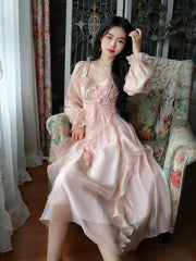 Autumn Vintage Party Midi Dress Women Pink Fairy Korean Style Sweet Dress Female Bubble Sleeve Elegant Evening Party Dress