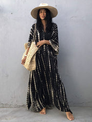 Bohemian Striped Print Women Beach Dress Bathing Suit Cover Up Summer Tunic For Woman Beachwear Robe de plage Kaftan Pbong  mid size graduation outfit romantic style teen swag clean girl ideas 90s latina aesthetic