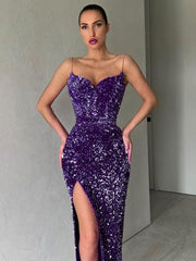 Women Evening Slip Dress Elegant Luxury Woman V-neck High Waist Tunic Midi Wedding Birthday Party Sequin Dresses Purple Red