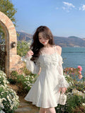 Casual Sexy Lace Mini Dress Women Ruffles Design Vintage Fairy Strap Dress Spring Casual Dress Women Fashion Elegant Kawaii