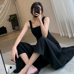Sleeveless Dress Women Inside Spaghetti Strap Autumn Black Temperament French Retro Square Collar Solid Elegant Casual Fashion