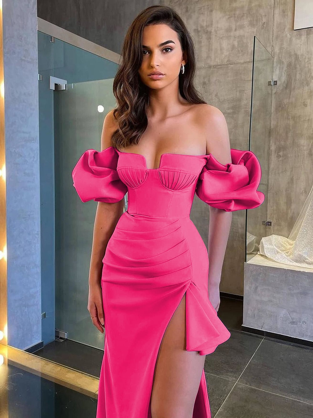 New Rosered Women Sexy Off the SHoulder Bodycon Midi Dress Rayon Bandage Fashion Puff Sleeve Celebrate Evening Party Outfit