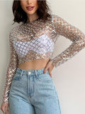Embroidered Flares Glitter Sexy T-shirt Women O Neck Full Sleeve Crop Top Ladies Mesh Shiny Slim Party T-shirts Tops