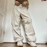 Women Wide Leg Cargo Pants Y2K Vintage Low Waist Drawstring Joggers Tech Pants Casual Solid Hippie Streetwear Baggy Trousers