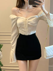 Spring Long Sleeve Elegant Satin Blouse Women Slim Square Neck Y2k Clothing Korean Fashion Casual Shirts Office Lady Tops