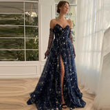 Glitter Navy Blue Starry Tulle Prom Dresses V-Neck Side Split Saudi Arabic Women A-Line Formal Evening Party Gowns