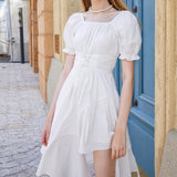 Women's White Dress Summer Elegant Vintage Kawaii Puff Sleeve Midi Dress Square Collar Bandage Sundress Goth Outfits