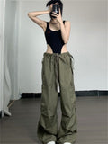 Y2K Green Low Waist Cargo Parachute Pants Women Hip Hop Streetwear Oversized Drawstring Wide Leg Trousers Harajuku Retro