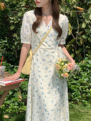 Harajuku Cute Sweet Girls Short Sleeve V-Neck A Line Vintage Korea Japanese Style Floral Long Maxi Dress for Women Summer