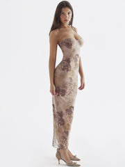 New Mesh Print Long Dress with Chest Padded Sexy Back Lace Up Vacays Party Going Out Outfits Summer Dress Women