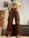 Y2K Vintage Brown Cargo Pants Women 90s Streetwear Retro White Parachute Trousers Oversized Harajuku Egirl Wide Pantalon