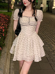 Summer French Vintage Floral Mini Dress Woman Beach Elegant One Piece Dress Korean Fashion Bow Sweet Short Party Dress Chic