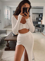 Knitted Two Piece Dress Women Outfits Long Sleeve Crop Top and Midi Skirt High Split Out Dress Set Female Bodycon White