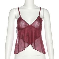 Mesh See Through Printed Vest Women Sexy Casual V-neck Sleeveless Suspender Camisole Patchwork Tank Top Streetwear