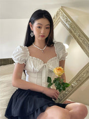 Kawaii White Blouse Women Sweet Ruffles Puff Sleeve Crop Tops Summer Short Sleeve Casual High Street Korean Fashion