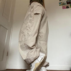 Women Casual Joggers Tech Pants Vintage Solid Low Waist Drawstring Baggy Trousers Y2K Wide Leg Sweatpants Streetwear Cargo Pants