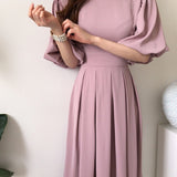 Korean Solid Casual Chic Elegant Dress for Women High Waist O-Neck Straps Short Lantern Sleeves Pleated Midi Dresses Summer