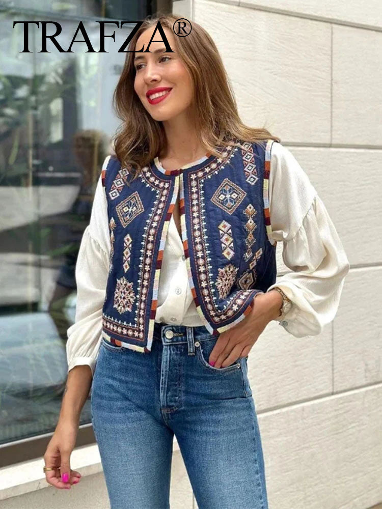 Women Fashion Y2k Vintage Floral Embroidery Vest Top V Neck Loose Casual Summer Woman Short Cardigan Waistcoat Chic Tops