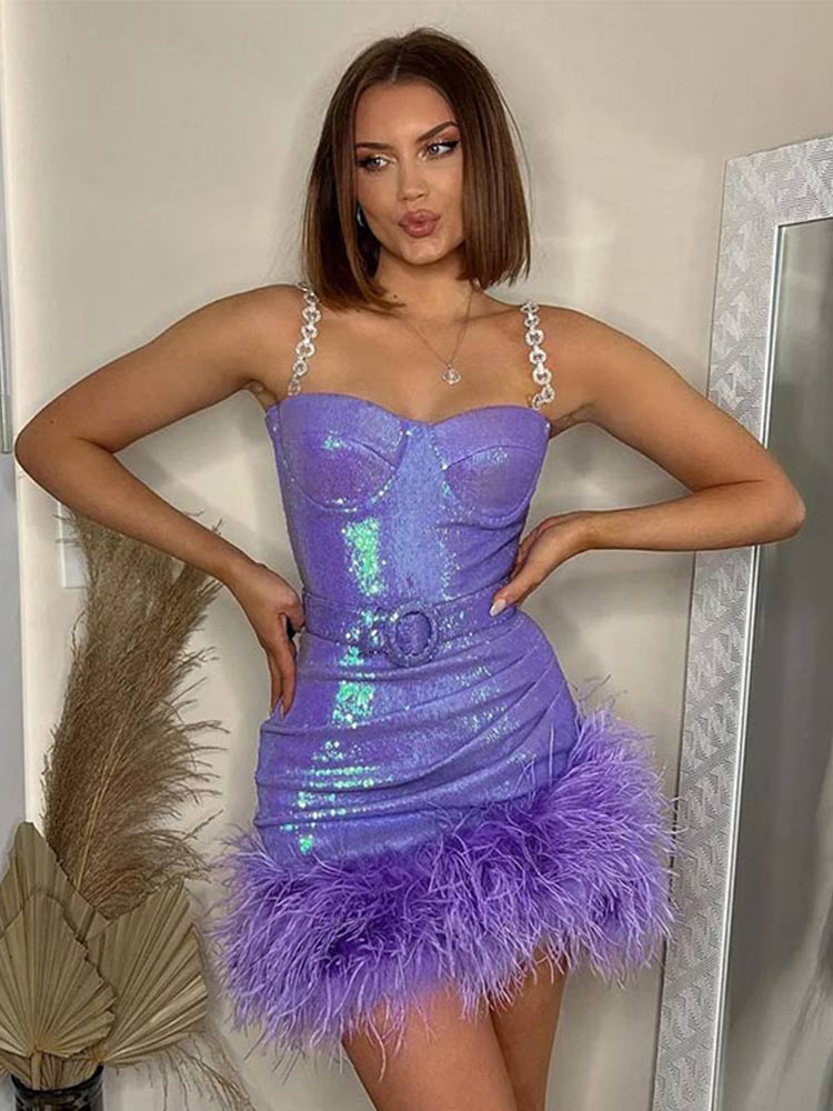 Sexy Feather Sequins Sling Dress For Women Sleeveless Backless Dresses With Belt Summer Female Evening Party Club Vestidos