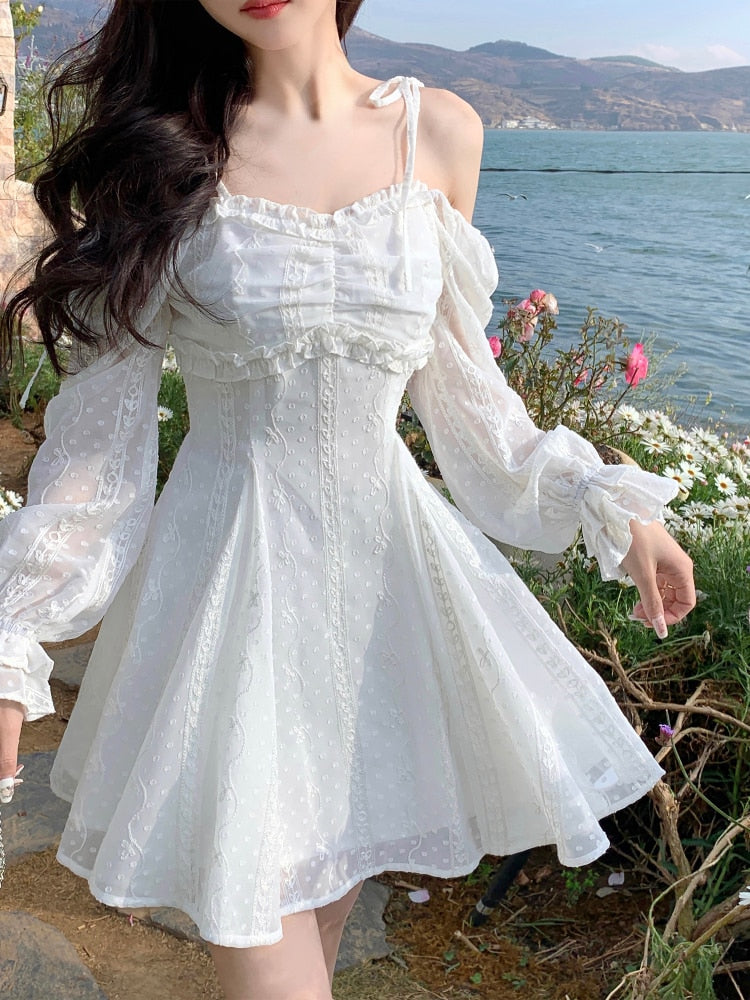 Casual Sexy Lace Mini Dress Women Ruffles Design Vintage Fairy Strap Dress Spring Casual Dress Women Fashion Elegant Kawaii