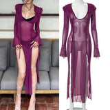 Elegant Black Sheer Beach Dress Women Sexy Flare Sleeve Mesh Tassel Bodycon Summer Dress Night Party Long Dress Cover-Ups