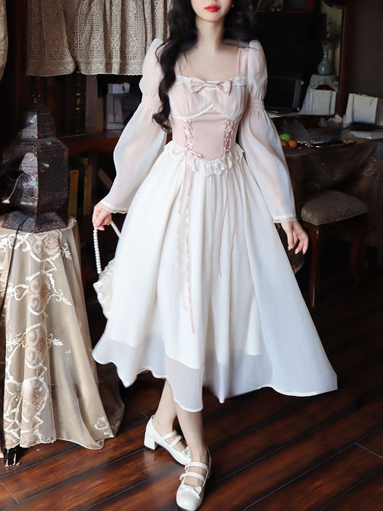 French Elegant Office Lady Dress Party Summer Chiffon One Piece Dress Korean Fashion Casual Long Sleeve Midi Dress Woman