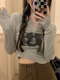 Y2K Grunge Graphic Tees Gray Crop Top Women Korean Style Long Sleeve Sexy Slim White Tshirts Vintage Streetwear T Shirt