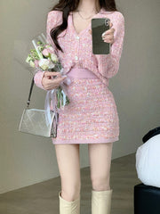 Two Piece Dress Set Sweet Cardigan Sweater + Slim Skirt Pink Elegant Y2k Mini Dress Autumn Office Lady Casual Knitted Suits