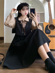 Elegant Vintage Long Dress Women Preppy Style Patchwork Long Sleeve Dresses Kawaii Peter Pan Collar Autumn Robe