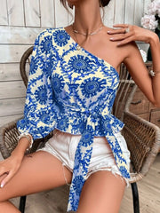 Women New Pattern Print One Shoulder Blosues Sexy Skew Collar Waist Lace-up T-Shirt Top Fashion Casual Office Long Sleeve Blusas