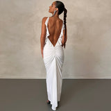 Orange Ruffles Maxi Dress Elegant Sexy Backless Ruched Bodycon Party Dress  Women Straps Sleeveless Club Evening Dress