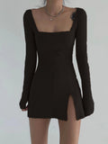 Elegant Square Neck Ribbed Black Dress Female Knitted Side Split Bodycon Dress Long Sleeve Fashion Mini Dresses Basic