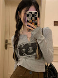 Y2K Grunge Graphic Tees Gray Crop Top Women Korean Style Long Sleeve Sexy Slim White Tshirts Vintage Streetwear T Shirt