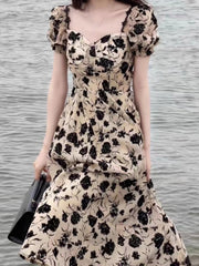 Evening Party Dress Women Casual Short Sleeve Floral Midi Dress Female Summer Vintage Elegant One Piece Dress Korean Chic