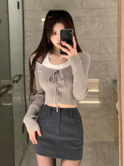 Pure Color Fake Two Pullover Korean Style Y2k Crop Tops Woman Slim Causal Long Sleeve Knitted Sweater Clothing Spring Chic