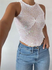 Sequin Mesh See-Through Vest Cute Sleeveless For Women Crop top Glitter Fashion Casual Streetwear Hollow Out Slim Tank Top