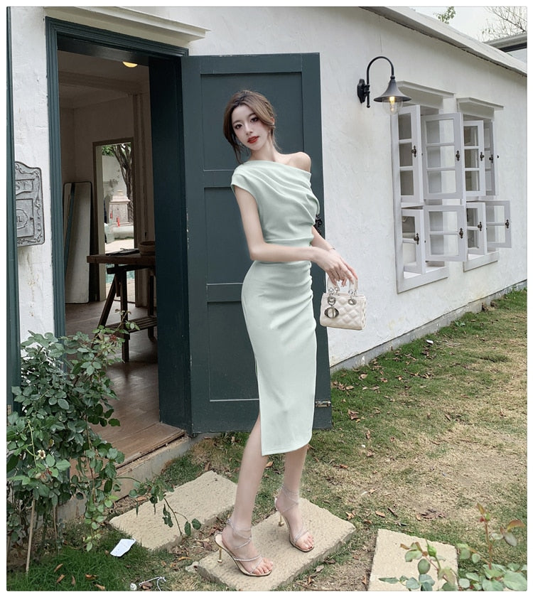 French Temperament Celebrity Wind Sexy Strapless Oblique Collar Dress Female Spring and Summer Slim Open Package Hip Long Dress