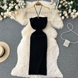 Sexy One Shoulder Crochet Bodycon Dress Chic Knitted Elegant Midi Vestidos Fashion Party Club Dresses Slim Goth Women Sundress