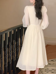French Vintage Midi Dress Women Long Sleeve Pure Color Elegant Chiffon Dress Office Lady Lace One Piece Dress Korean  Spring