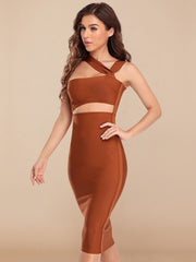 Pbong mid size graduation outfit romantic style teen swag clean girl ideas 90s latina aesthetic  Autum Sexy Elegant Brown HL Bandage Dress Bodycon Hollow Out Halter One Shoulder Vestido Midi Length Club Party XL