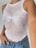 Sequin Mesh See-Through Vest Cute Sleeveless For Women Crop top Glitter Fashion Casual Streetwear Hollow Out Slim Tank Top