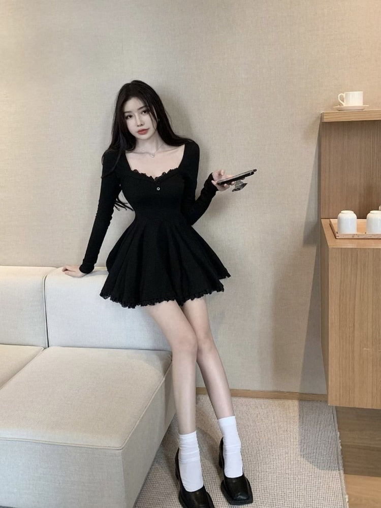 Sexy Black Lace Dress Women  Bodycon Wrap Slim Party Mini Short Dresses Evening Fashion 2022 Long Sleeve Outfits