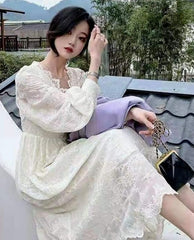 Korean Fashion Vintage Midi Dress Party Long Sleeve Sweet Y2k Dress Lace Design Autumn Evening Elegant Dress Women Casual