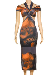Colorful Print Women Maxi Dress Halter Hollow Sleeveless Slash Neck Elegant Summer Vacation Party Bodycon Vestidos