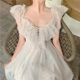 Sweet Kawaii Fairy Princess Mesh Dress Elegant White Spaghetti Strap Off Shoulder Party Dresses Woman Vacation