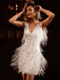 Women Elegant Sleeveless Mini Dress Women Sexy Summer Fashion V Neck Feather Tassel Dress Party Lady Casual Sequin Pencil Dress
