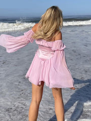 Beach Style Vintage Chiffon Dress With Corset Bandage Hollow Out Bustier Prairie Chic Flare Sleeve Dresses 2 Pieces Set