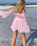 Beach Style Vintage Chiffon Dress With Corset Bandage Hollow Out Bustier Prairie Chic Flare Sleeve Dresses 2 Pieces Set