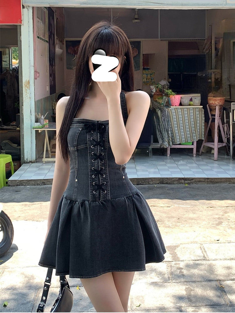 Summer Sexy Sleeveless Slim Denim Dress Woman Vintage Strap Y2k Mini Dress Party One Piece Dress Korean Fashion Design